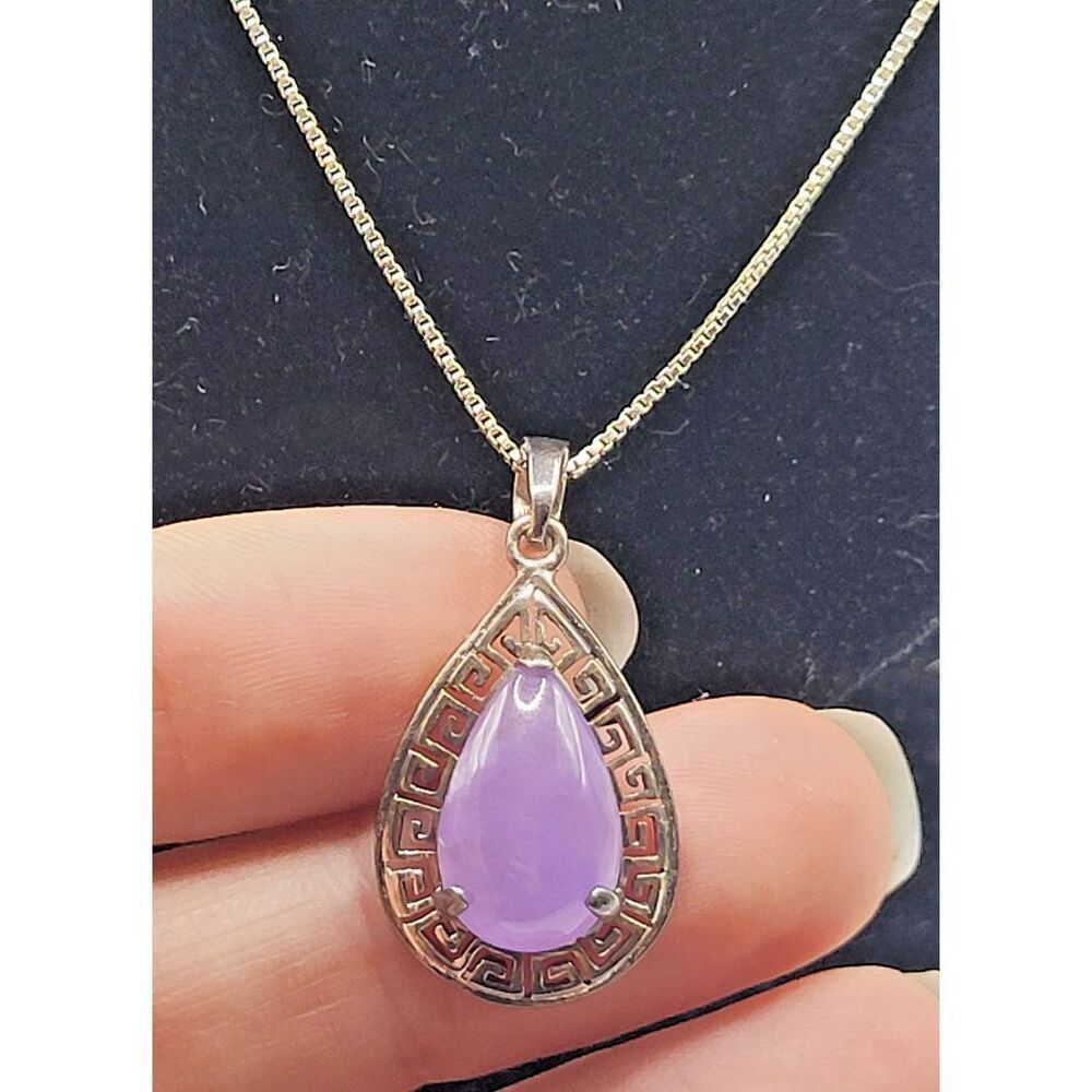 Art Deco Egyptian Revival Sterling Silver Teardrop Purple Jade Necklace 18in